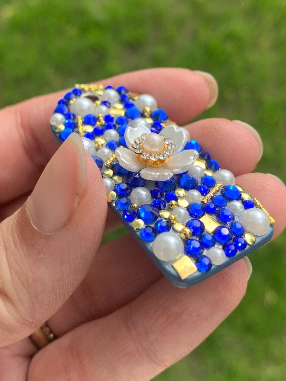 Coach Baby Blue 2” Hangtag with Blue Glass Rhinestones, Pearl and Gold accents - Picture 9 of 11